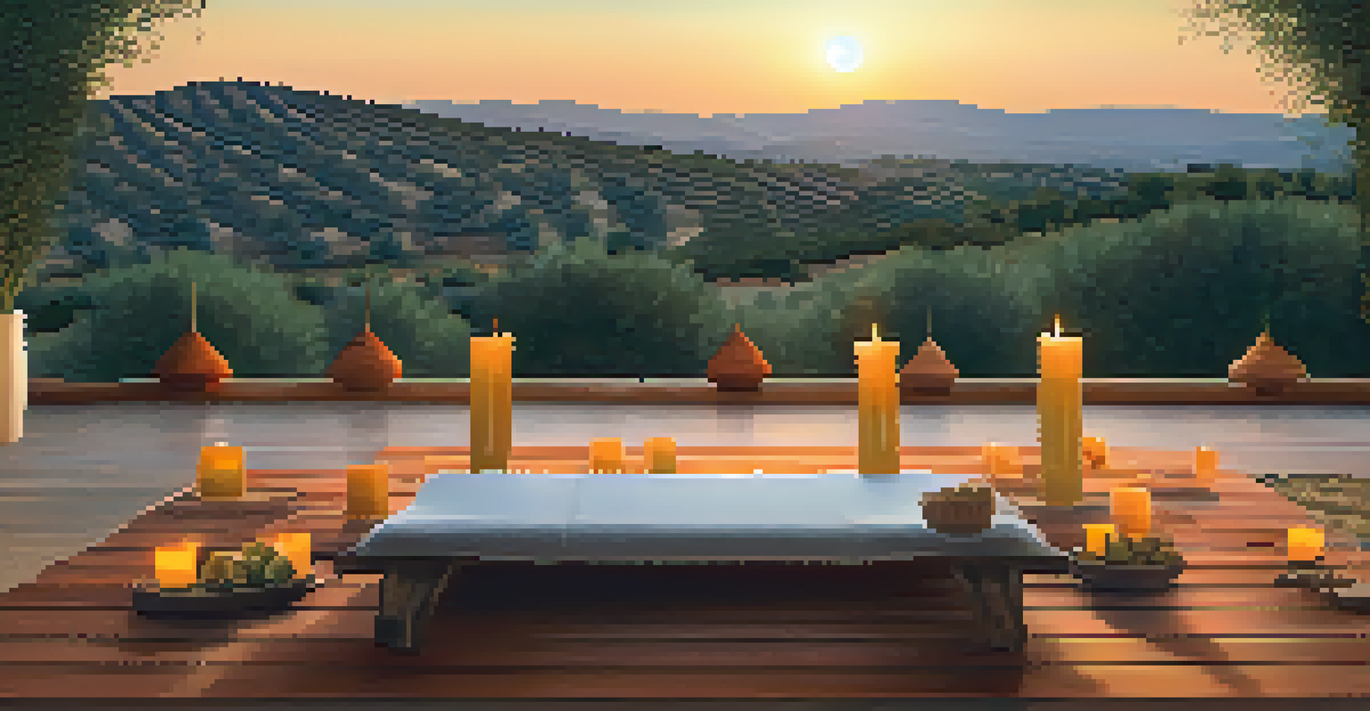 A rustic yoga platform in the Andalusian countryside, surrounded by olive trees and hills, with yoga mats and candles, illuminated by a warm sunset glow.