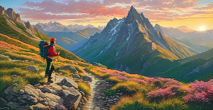 A hiker on a rugged mountain trail in the Pyrenees, surrounded by lush greenery and a colorful sunrise sky.
