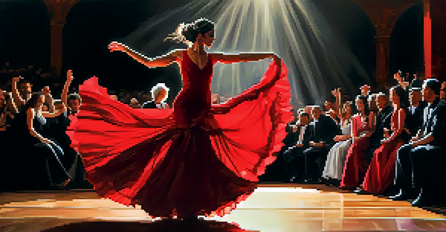 A flamenco dancer in a red dress performing on stage with dramatic lighting.