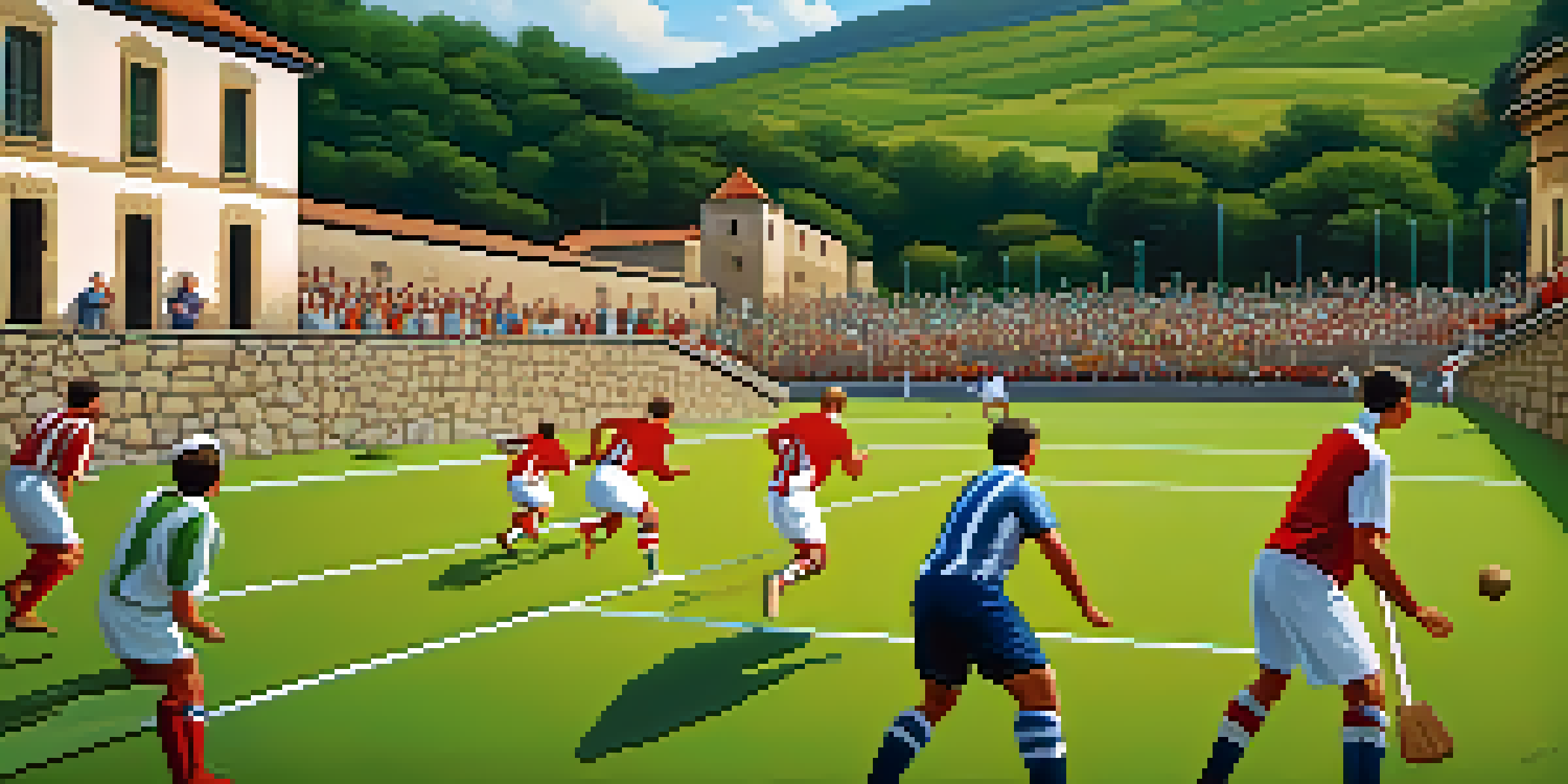 A lively Pelota match being played, with players in colorful uniforms and a cheering crowd, set against a backdrop of traditional buildings and hills.