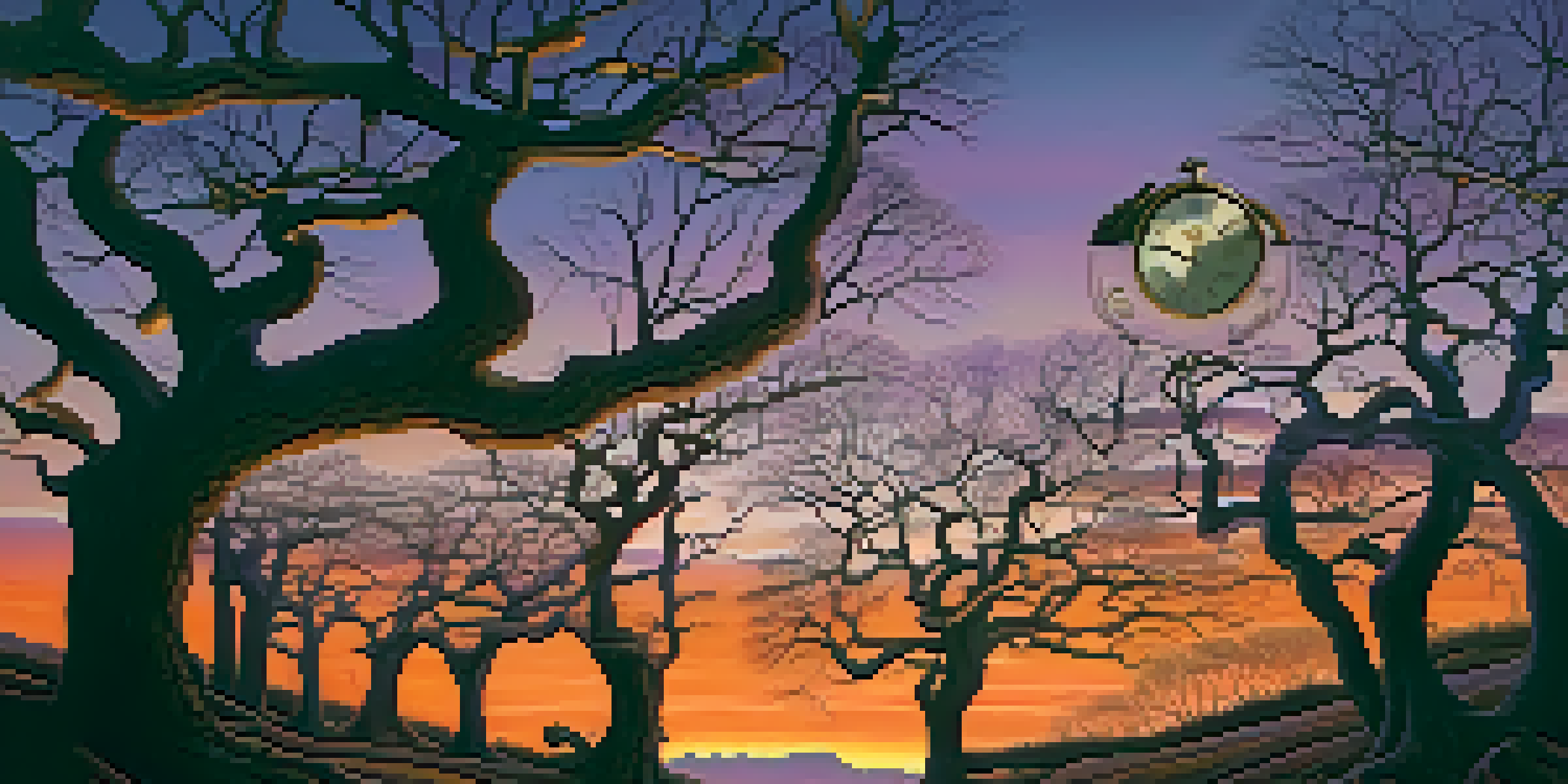 A dreamlike landscape with melting clocks hanging from twisted trees against a twilight sky, featuring rich orange and purple hues.