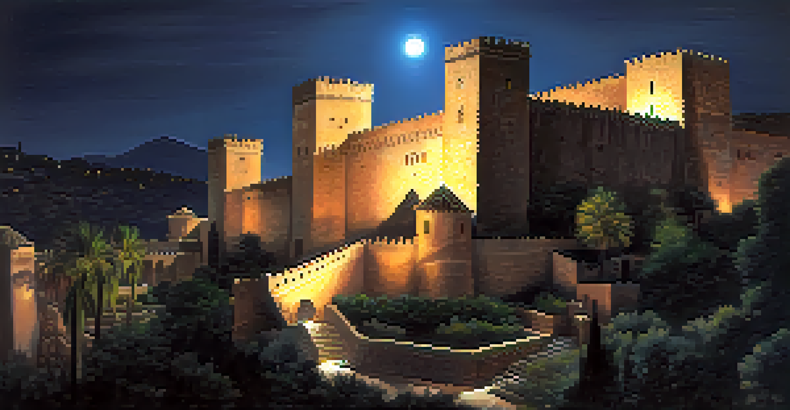 A nighttime view of Alcazaba Castle illuminated by moonlight, with shadows and mist creating a mysterious atmosphere.