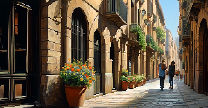 A narrow cobblestone street in Barcelona's Gothic Quarter with ancient buildings and tourists.