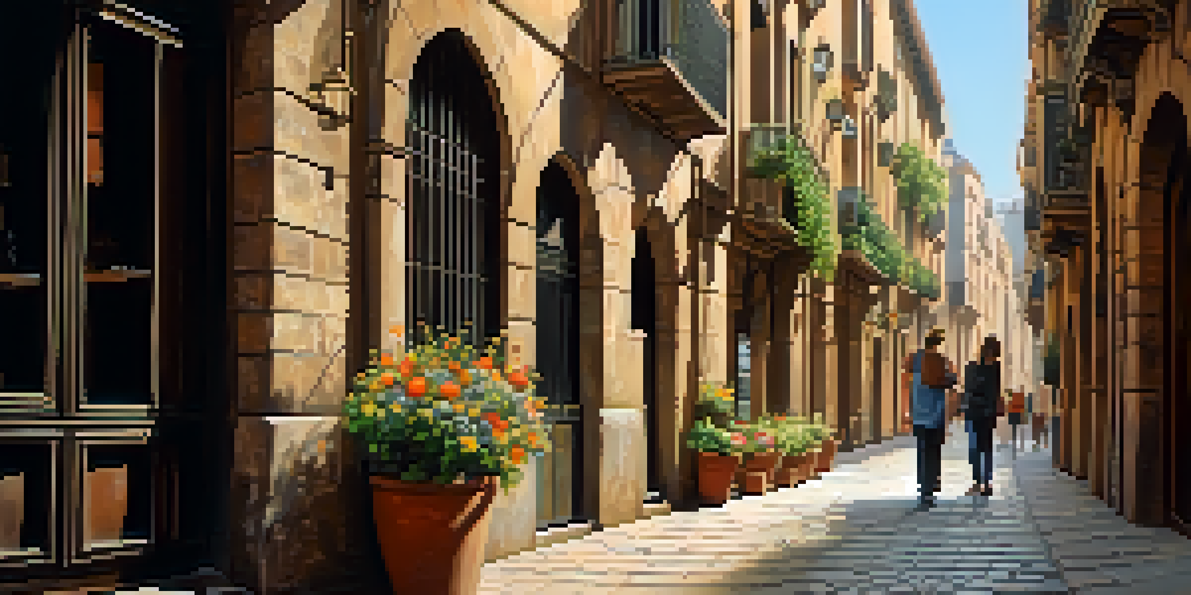 A narrow cobblestone street in Barcelona's Gothic Quarter with ancient buildings and tourists.