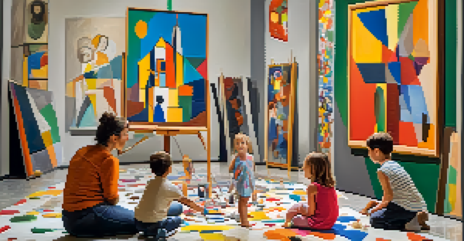 A family creating art inspired by Picasso at the Museu Picasso, surrounded by colorful art supplies and engaged kids.
