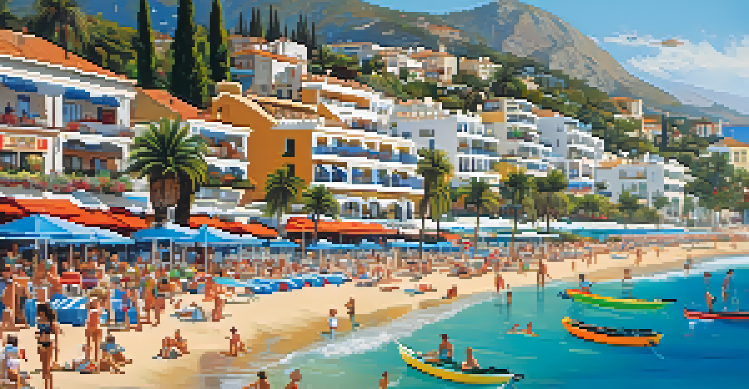 A lively beach scene at Costa del Sol with beach bars, tourists, and the Mediterranean Sea under bright sunlight.