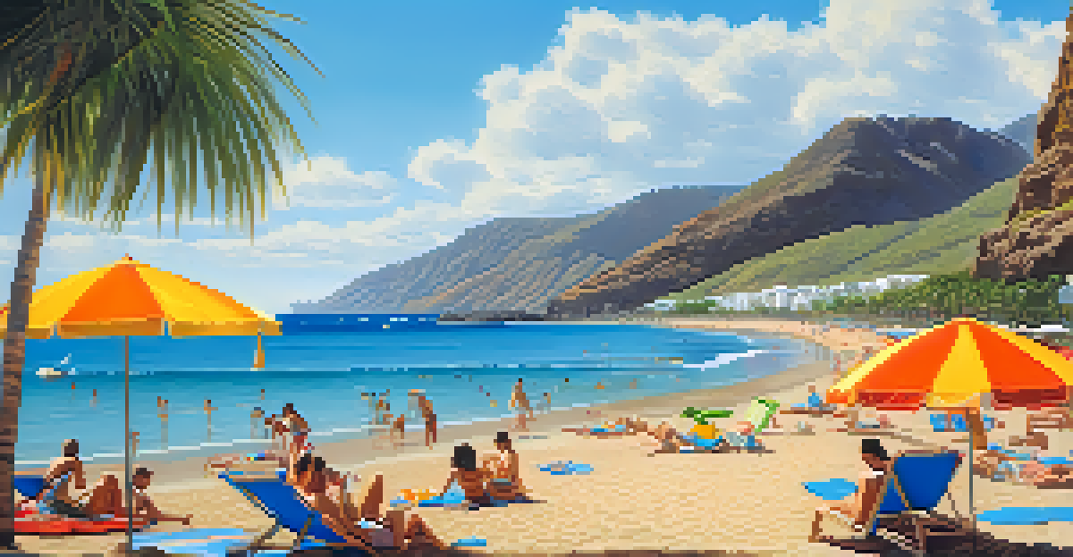 A calm beach at Playa de Las Teresitas in Tenerife with a family swimming in the water and beach umbrellas creating a cheerful scene.