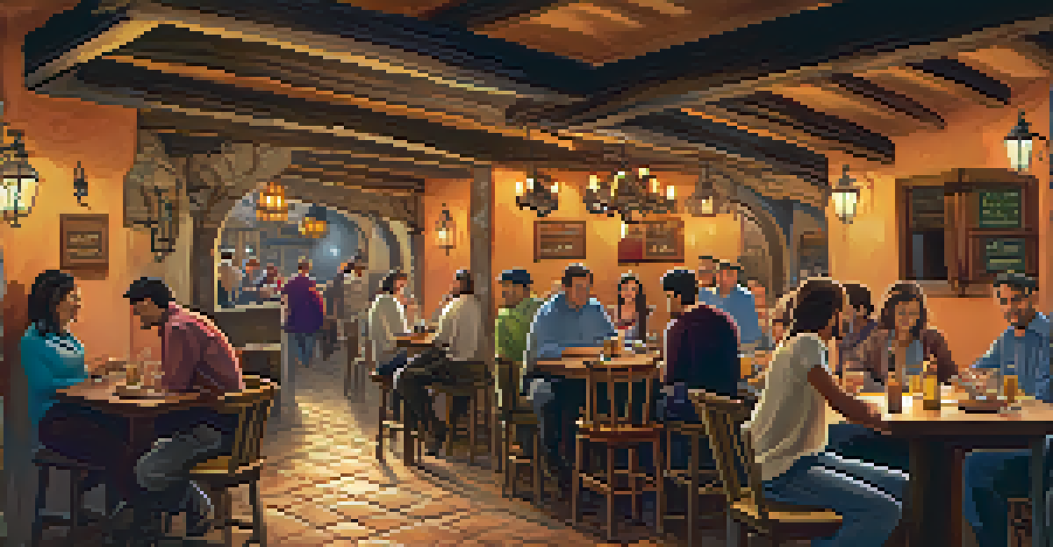 A cozy traditional Spanish tavern filled with people enjoying tapas, featuring rustic decor and warm lighting.
