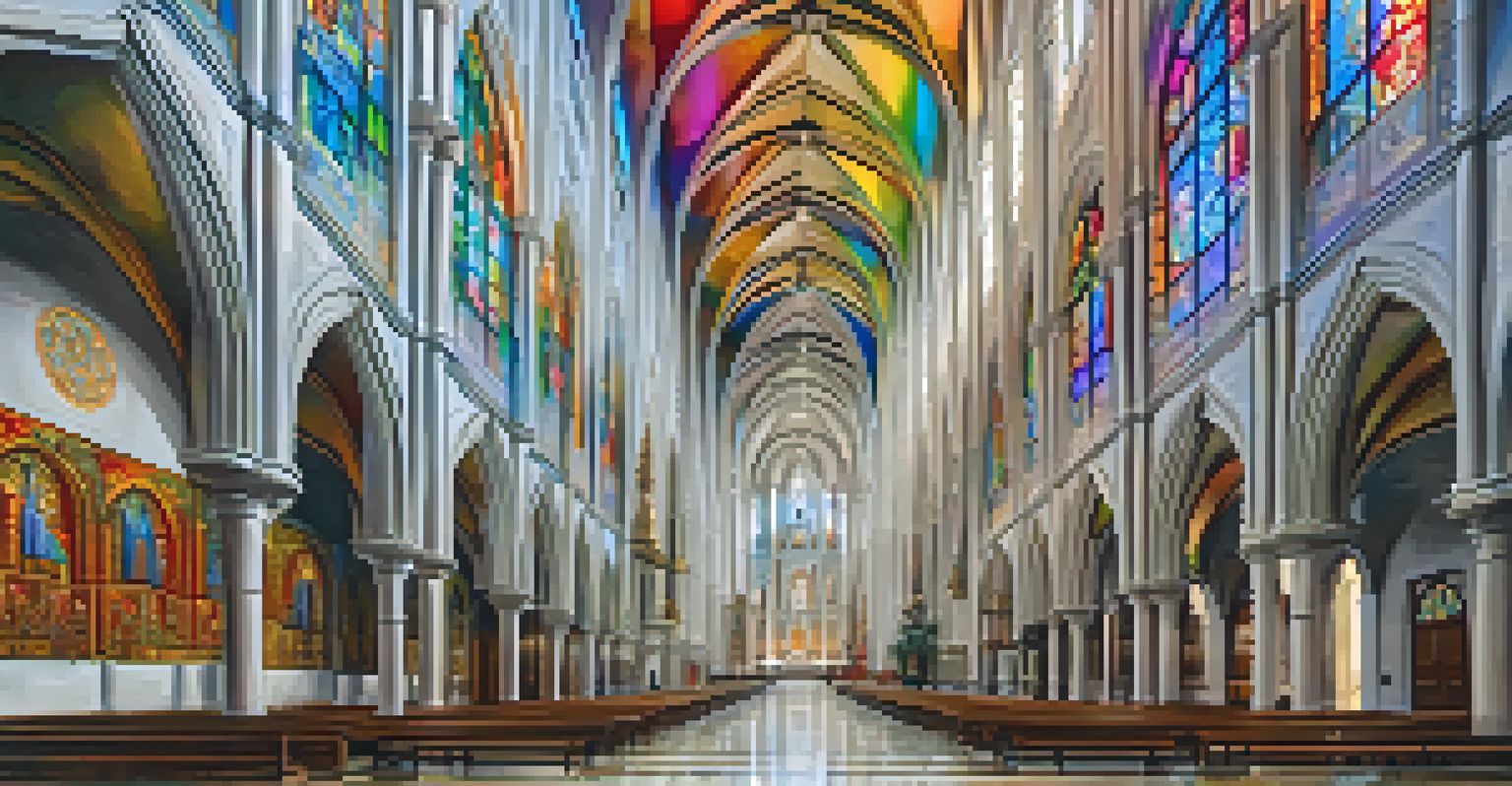 An interior view of the Almudena Cathedral, showcasing colorful stained glass windows and intricate ceiling designs.