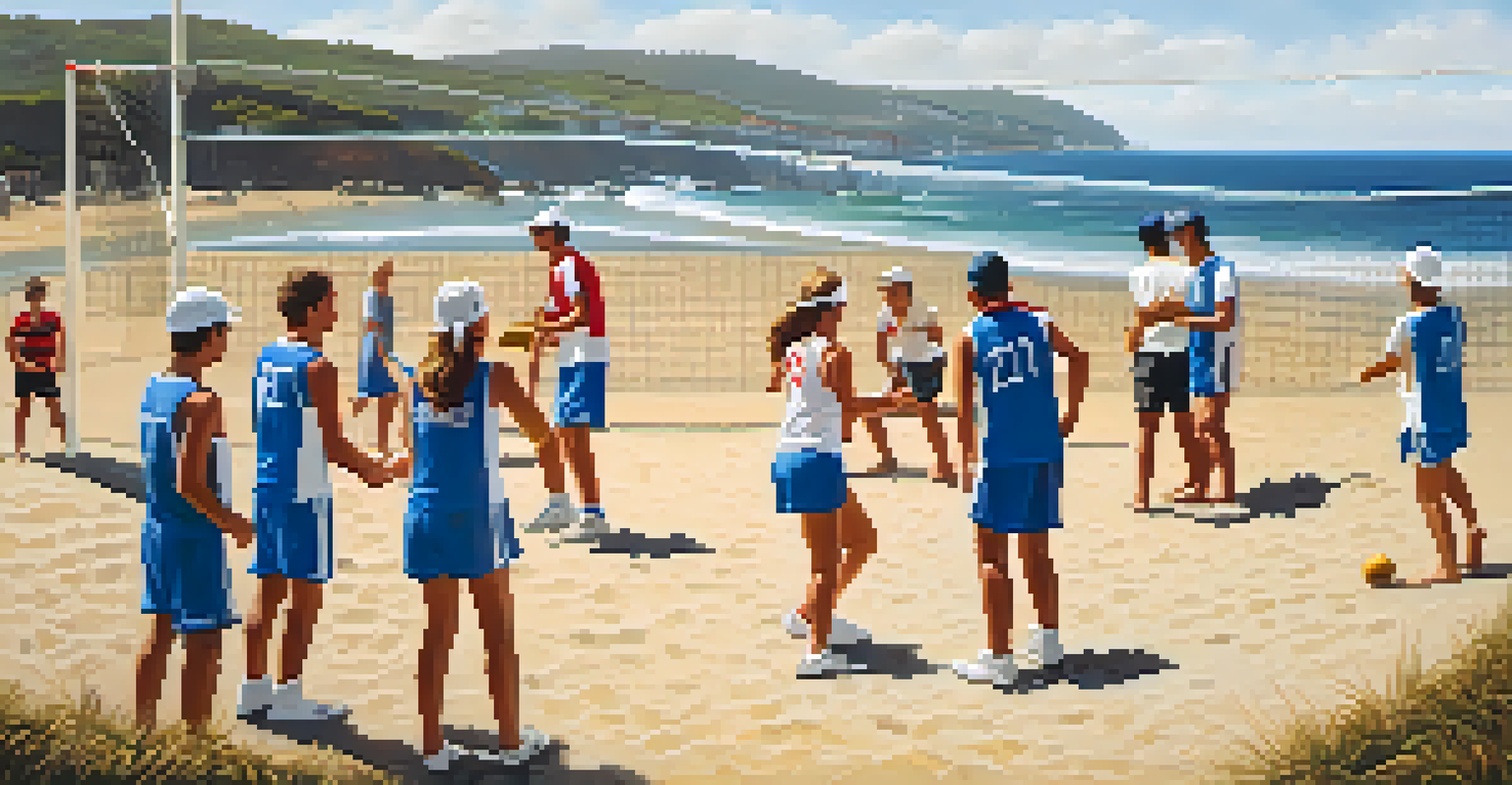 A coastal scene in Galicia featuring a doubles pelota galega match, with players and spectators enjoying the game near the beach.