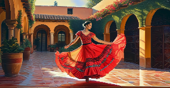 A flamenco dancer performing in a traditional Spanish courtyard, wearing a colorful dress and displaying expressive hand movements.