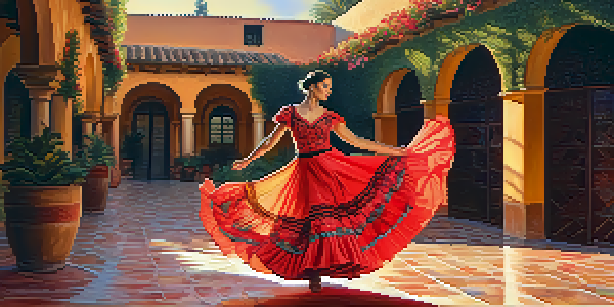 A flamenco dancer performing in a traditional Spanish courtyard, wearing a colorful dress and displaying expressive hand movements.