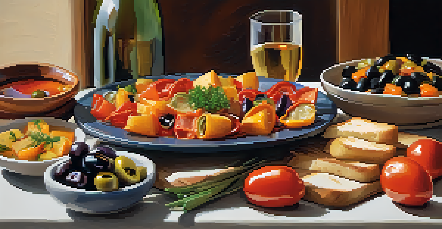 Close-up of a tapas platter with small dishes like patatas bravas and marinated olives, accompanied by a glass of white wine, set on a rustic wooden table.