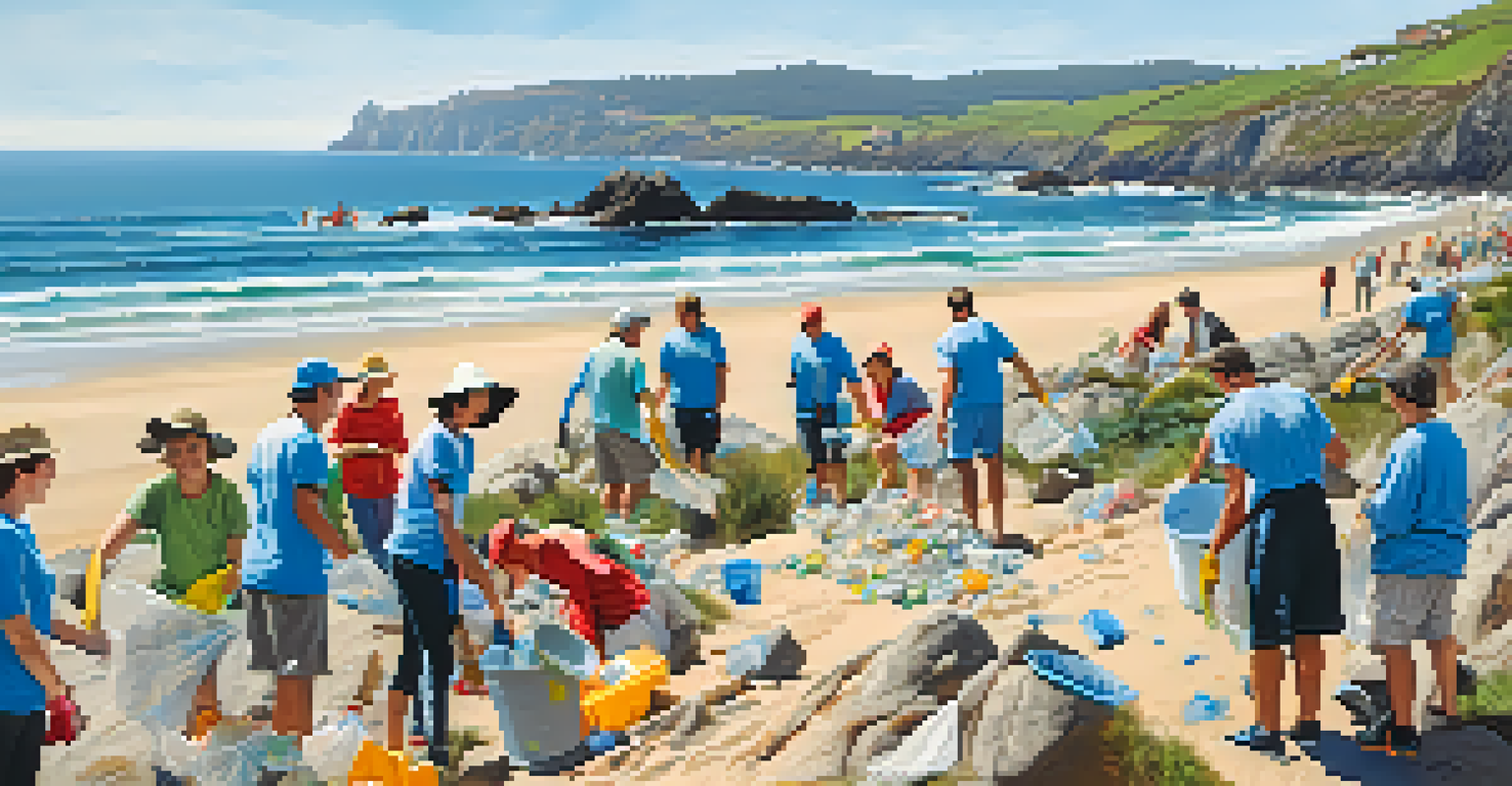 Volunteers cleaning the beach along the rugged coastline of Galicia, Spain, with cliffs and ocean waves in the background on a clear blue sky day.