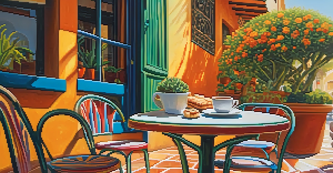 A cozy café scene in Spain with a small table, coffee cups, and pastries, surrounded by colorful tiles and plants, illuminated by warm afternoon sunlight.