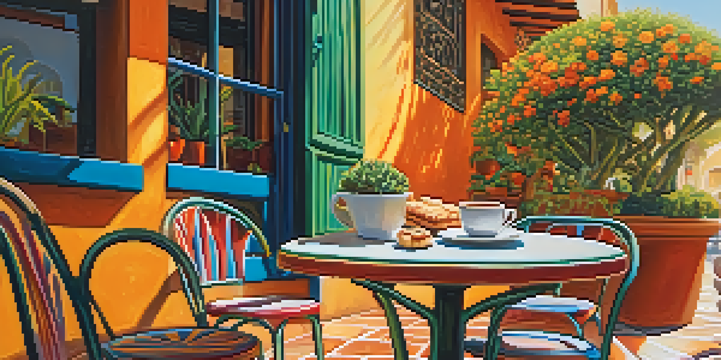 A cozy café scene in Spain with a small table, coffee cups, and pastries, surrounded by colorful tiles and plants, illuminated by warm afternoon sunlight.