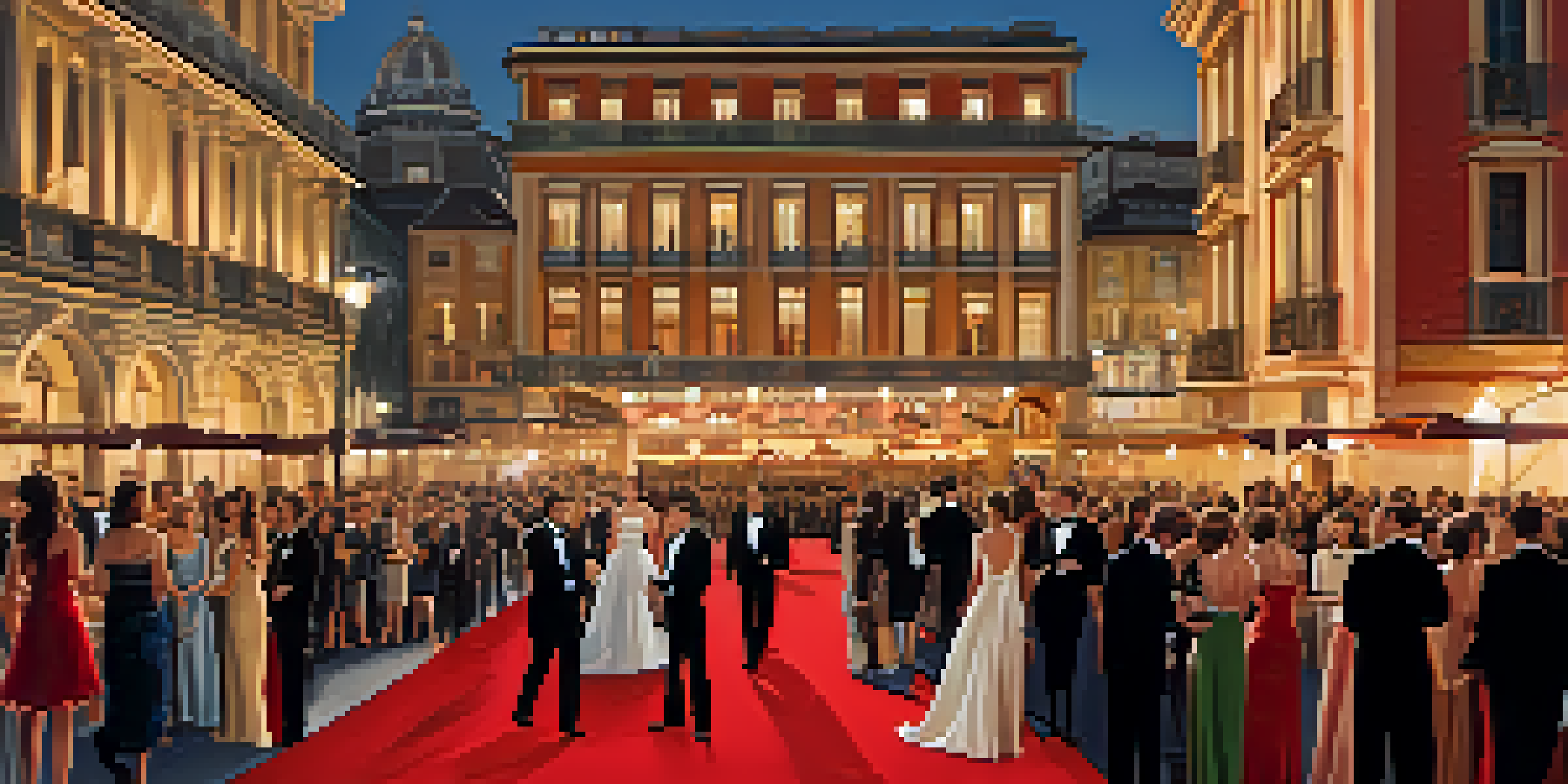 A red carpet event at the San Sebastián International Film Festival, with film stars in elegant attire and a beautiful Basque Country backdrop.