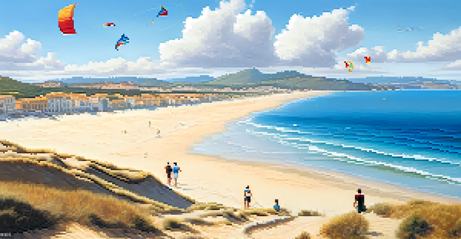 A picturesque view of Playa de Bolonia with golden dunes, Roman ruins, and kite surfers against a blue sky.