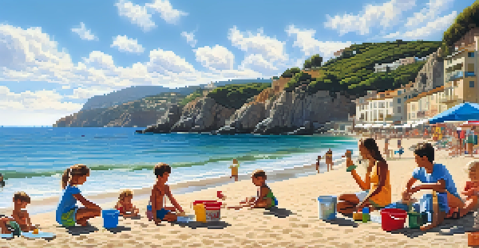 A lively beach in Costa Brava with families enjoying the sun, children playing in the shallow water, and a beautiful coastal village in the background.