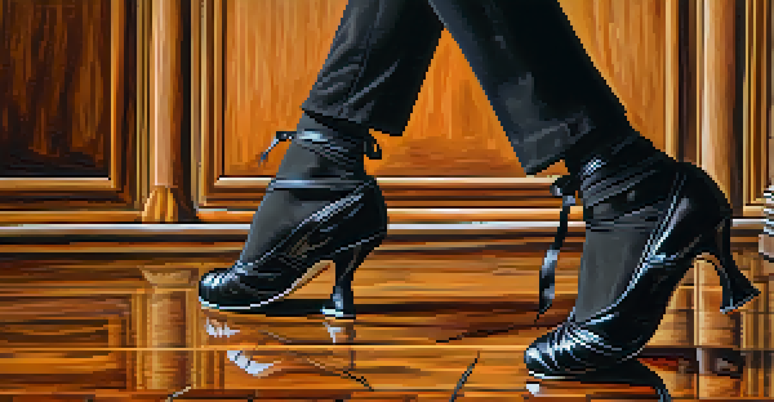 Close-up of a flamenco dancer's feet in black shoes, highlighting the metal taps on a wooden floor.