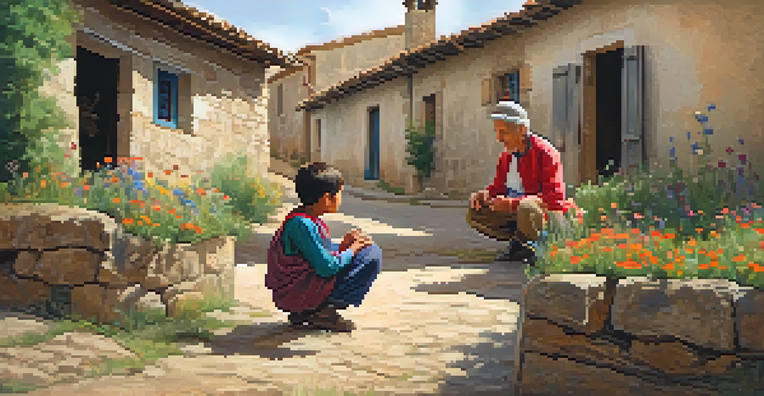 A volunteer engaging with local children in a rural Spanish village, surrounded by traditional buildings and nature.