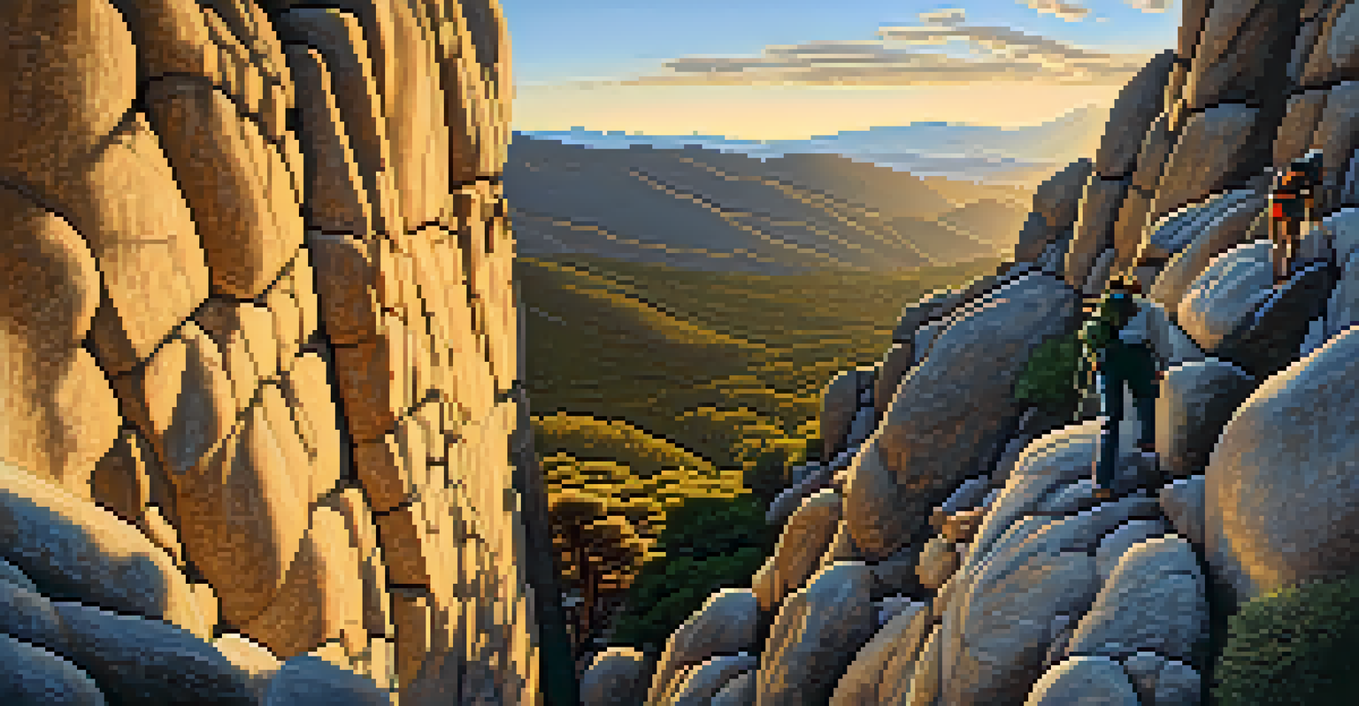Climbers ascending granite walls in the Sierras de Guadarrama with a sunset backdrop illuminating the landscape.