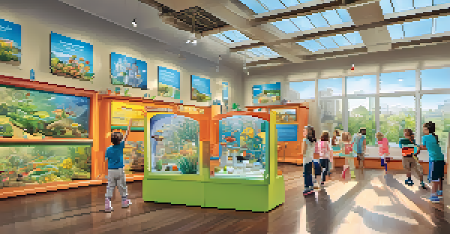 Children and families exploring an interactive science museum, interacting with colorful exhibits.