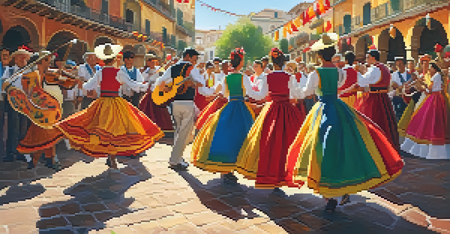 A lively Spanish festival with people in traditional costumes dancing and musicians playing instruments under colorful decorations.