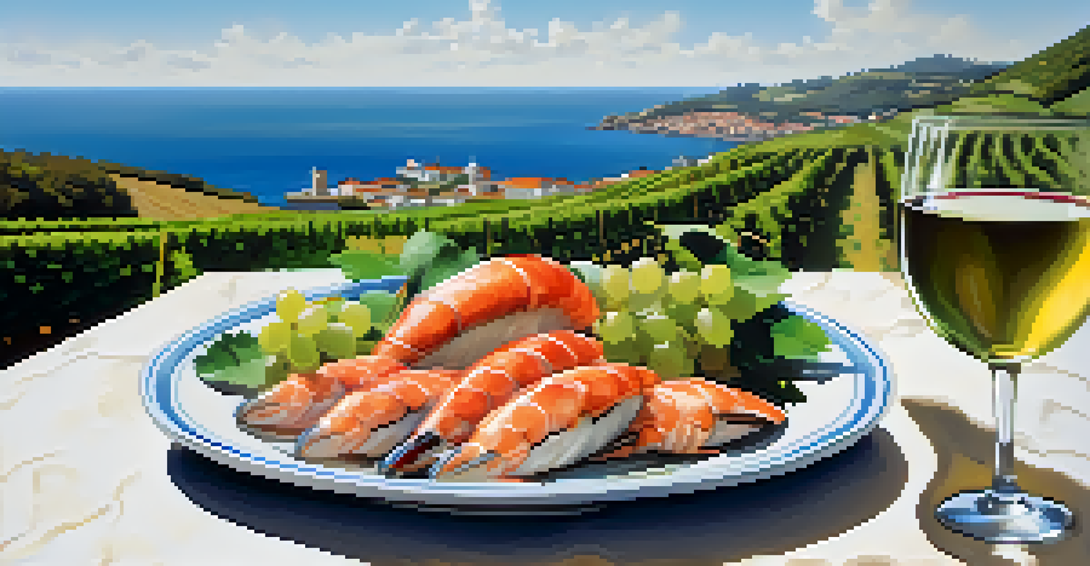 Coastal vineyards of Rías Baixas with grapevines and a plate of seafood paired with Albariño wine.