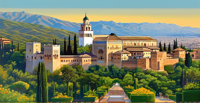 Panoramic view of the Alhambra palace with blooming flowers in the foreground and clear blue sky.