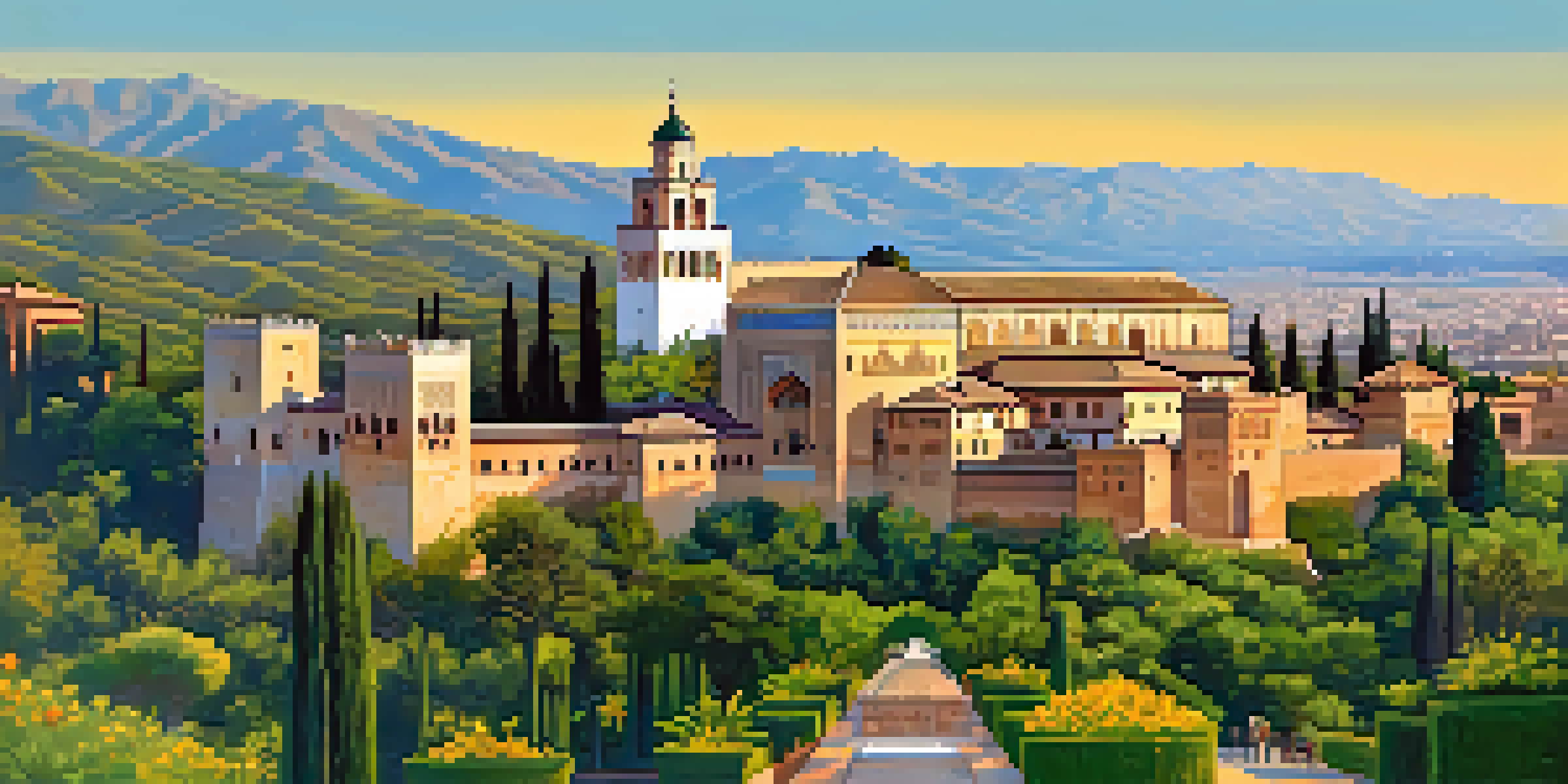 Panoramic view of the Alhambra palace with blooming flowers in the foreground and clear blue sky.