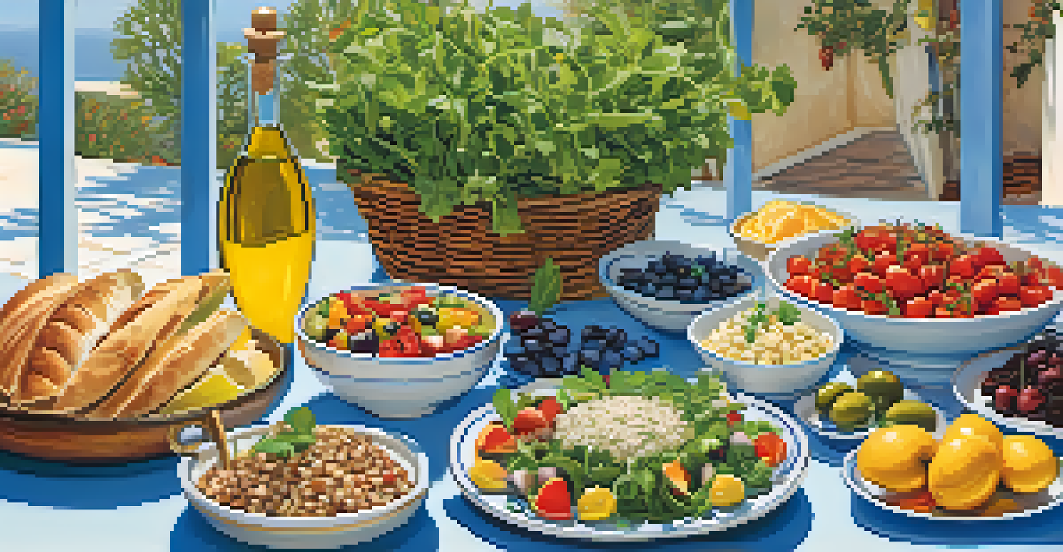 An outdoor dining table featuring a variety of fresh Mediterranean dishes, with bright colors and a clear blue sky above.