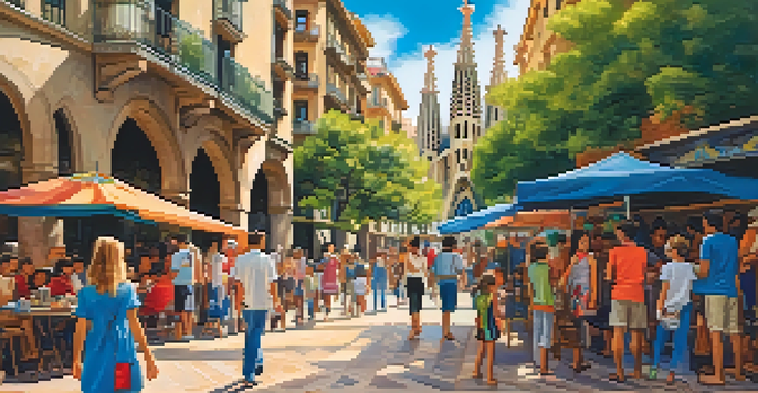 A family walking through Barcelona, surrounded by colorful buildings and street performances.