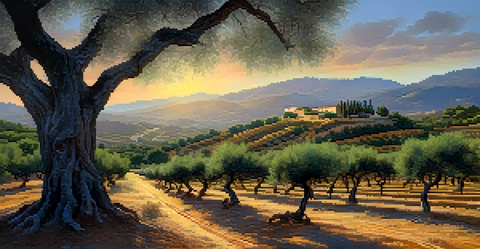 A sunset view of traditional Spanish olive groves with ancient trees and ripe olives on the ground.