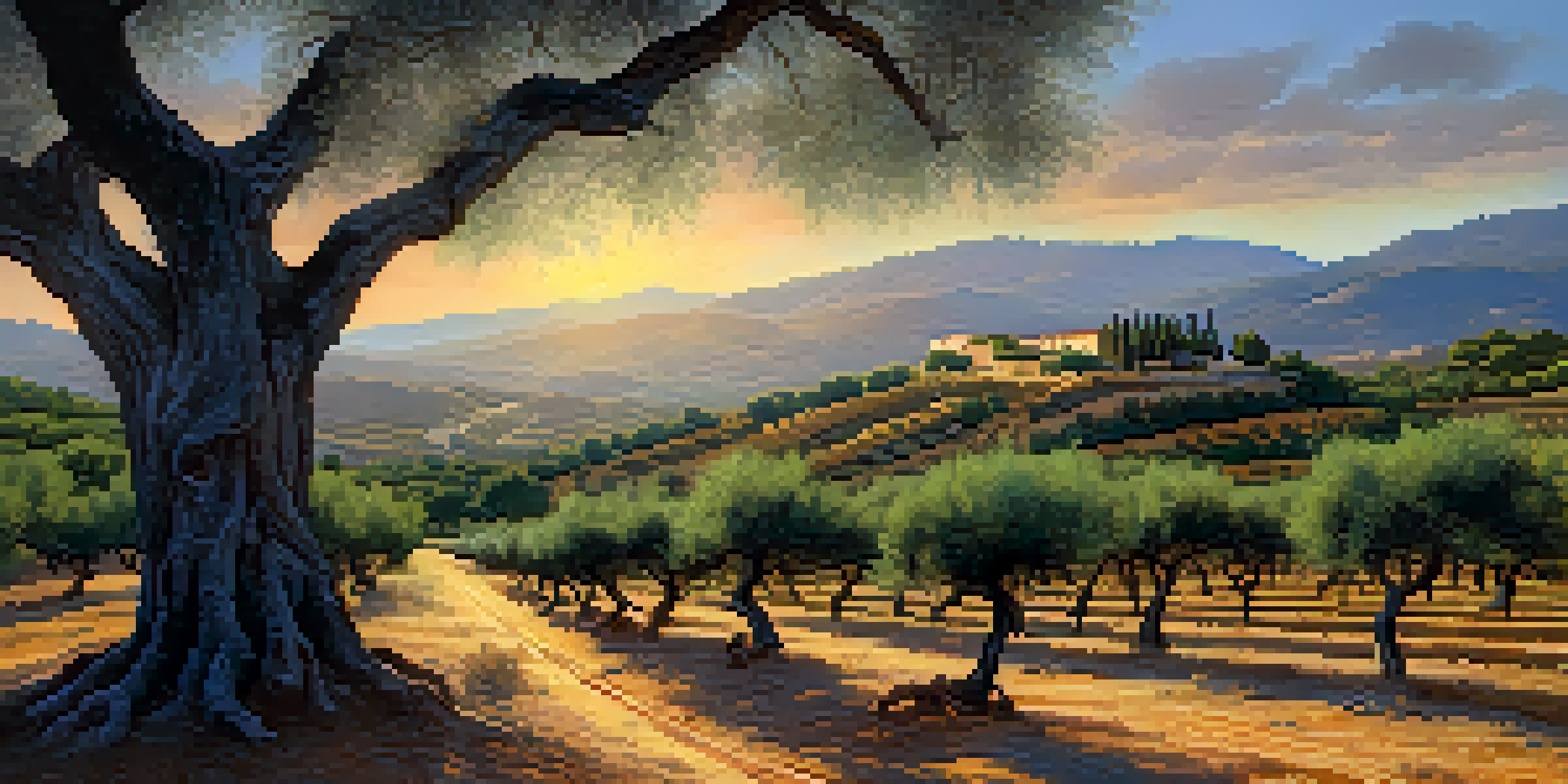 A sunset view of traditional Spanish olive groves with ancient trees and ripe olives on the ground.