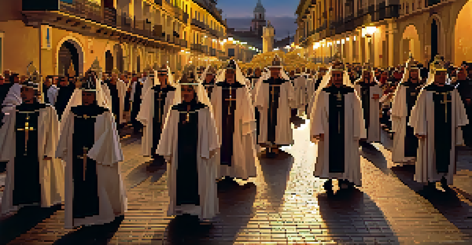 A solemn religious procession during Semana Santa in Seville, featuring participants in traditional robes and intricate floats.