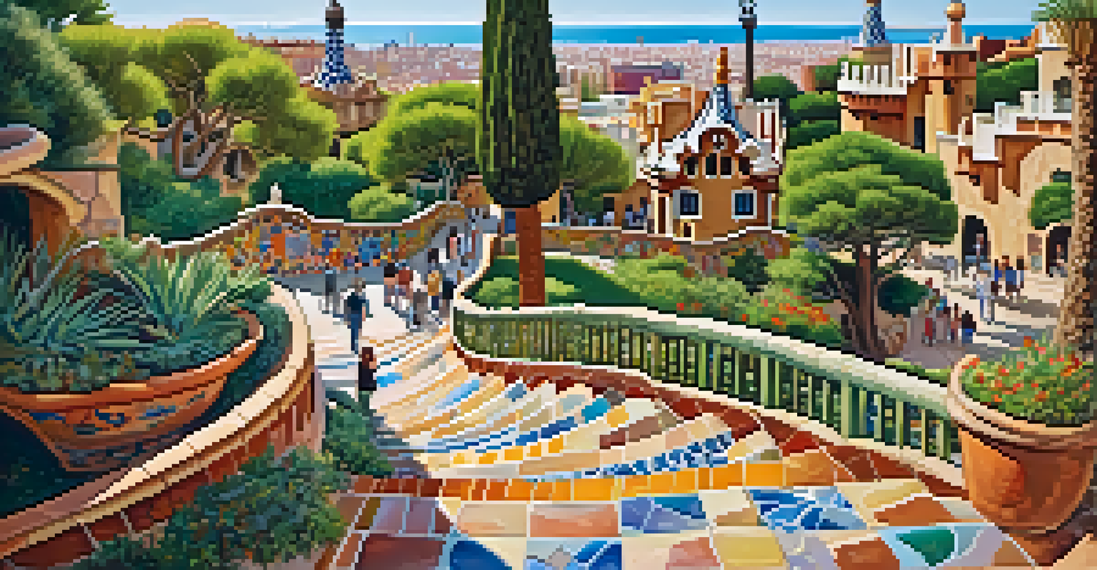 An image of Park Güell showing the dragon staircase and colorful mosaics, with visitors enjoying the park's beauty.