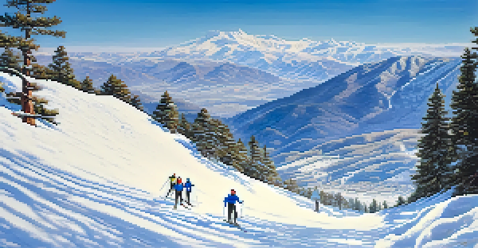 A picturesque winter landscape of the Sierra Nevada mountains with skiers on slopes and the Mediterranean Sea in the background.