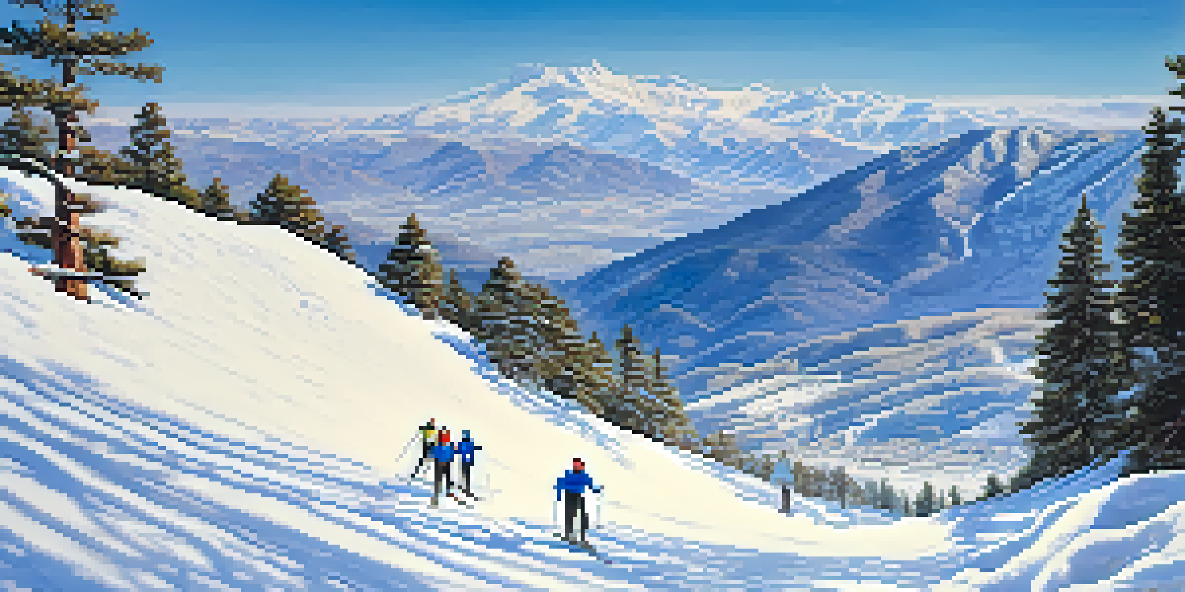 A picturesque winter landscape of the Sierra Nevada mountains with skiers on slopes and the Mediterranean Sea in the background.