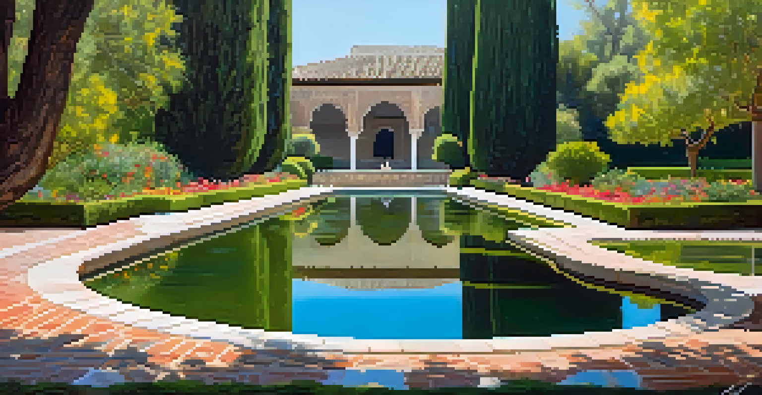 A peaceful garden scene in the Generalife with blooming flowers, a reflecting pool, and sunlight filtering through the trees.
