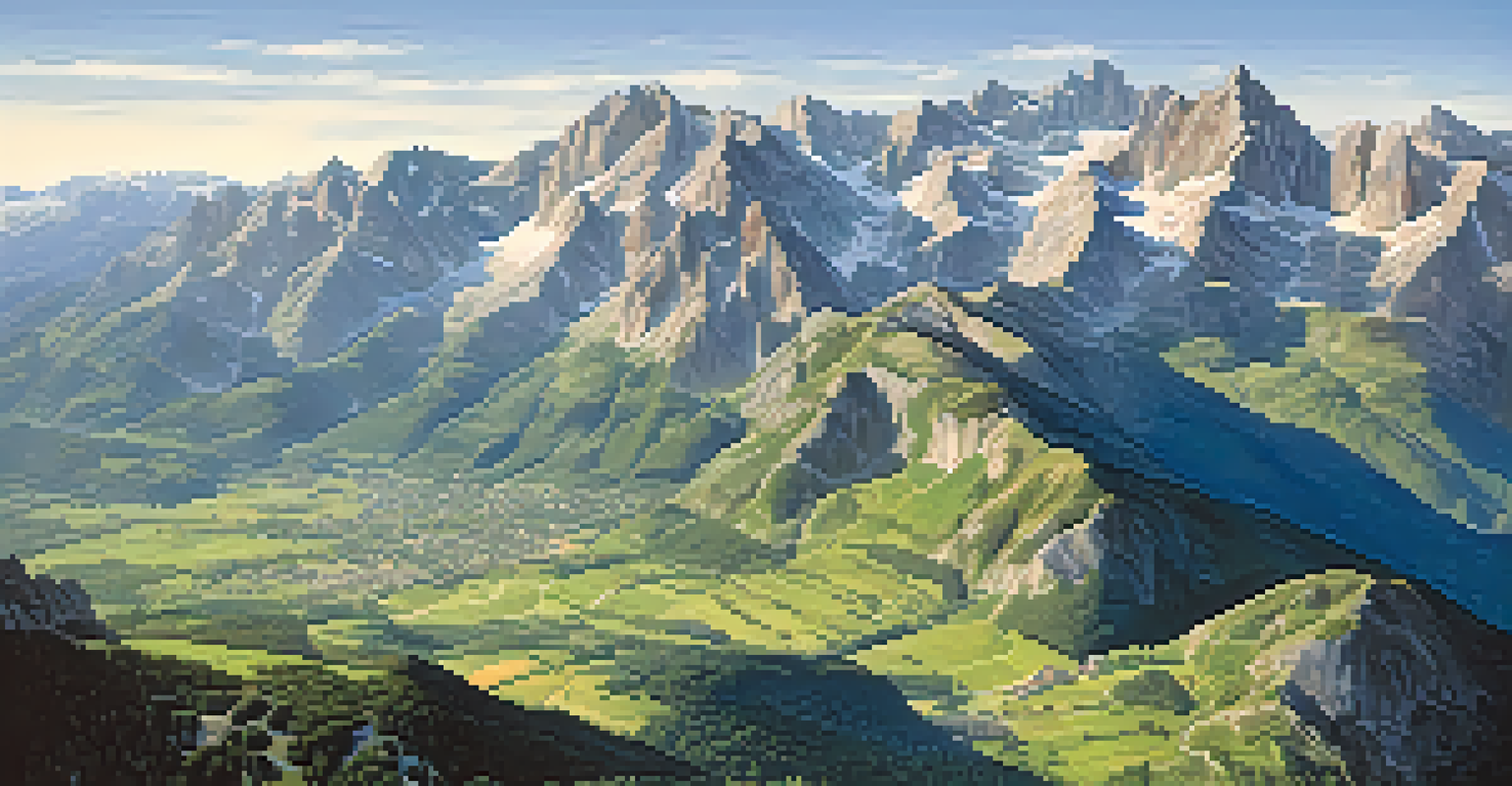 An aerial perspective of the Pyrenees mountains with climbing routes and green valleys, under a clear blue sky.