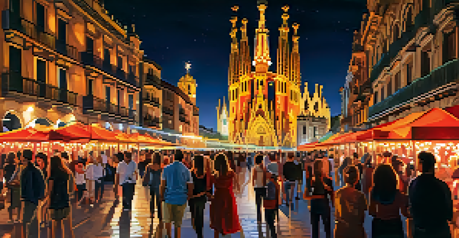 A night view of Barcelona during the Fiesta de la Mercè, filled with beautiful light installations illuminating historic architecture and people enjoying the art.