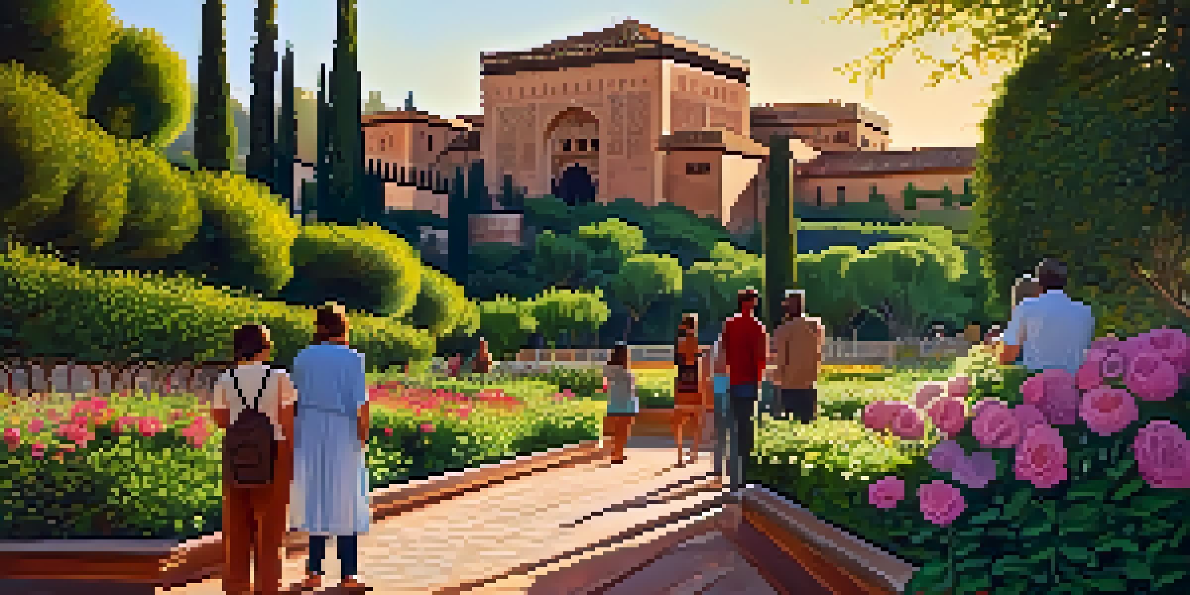 A scenic view of the Alhambra at sunset, highlighting its architecture and gardens with tourists exploring the site.