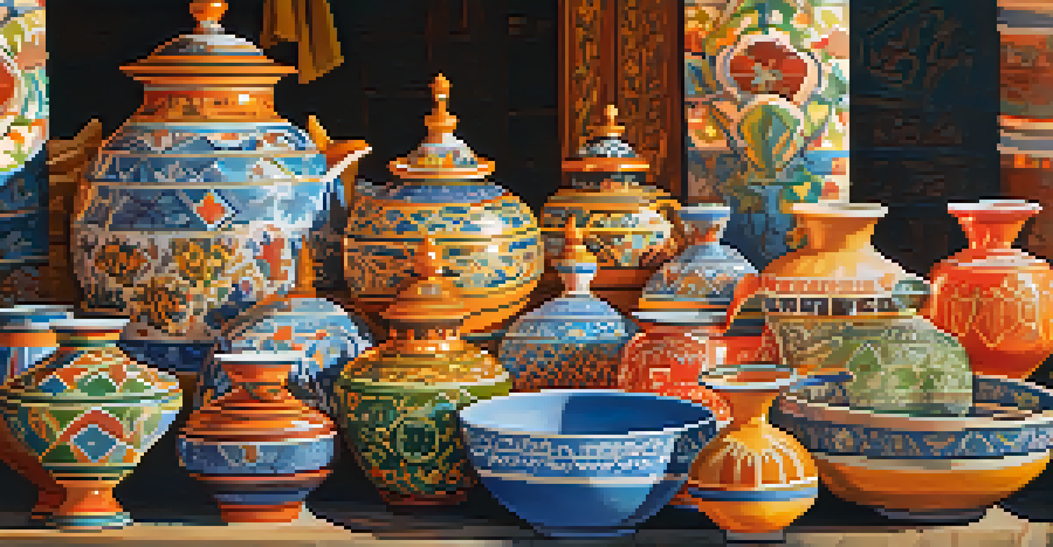 A vibrant market scene showcasing traditional Andalusian ceramics with bold colors and intricate designs.