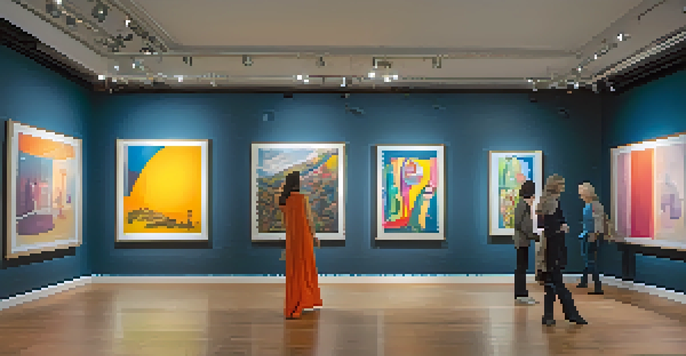 A contemporary art gallery with diverse artworks on display and visitors engaged in discussions, illuminated by soft lighting.