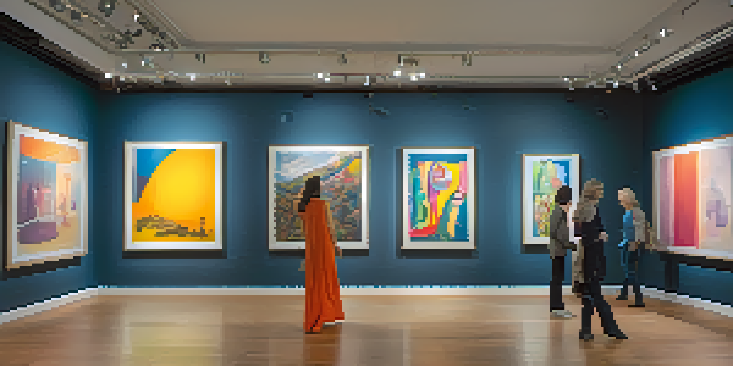 A contemporary art gallery with diverse artworks on display and visitors engaged in discussions, illuminated by soft lighting.