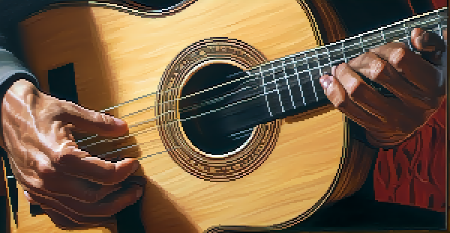 A close-up of a Flamenco guitar being played, showcasing the musician's hands and the guitar's wood grain.