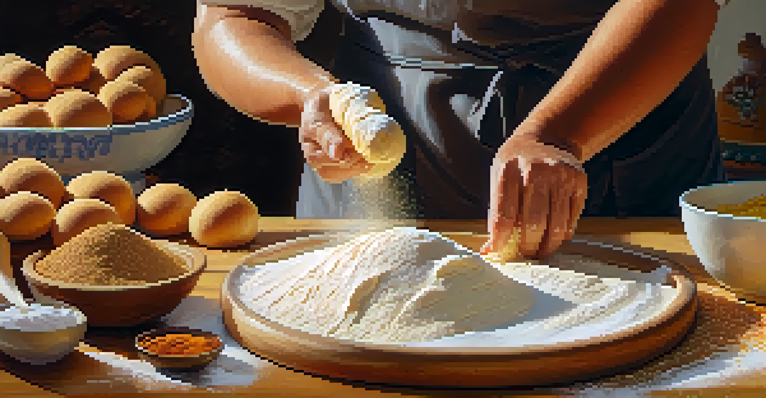 A close-up of hands kneading dough for Spanish pastries, surrounded by fresh ingredients and a warm, inviting kitchen atmosphere.