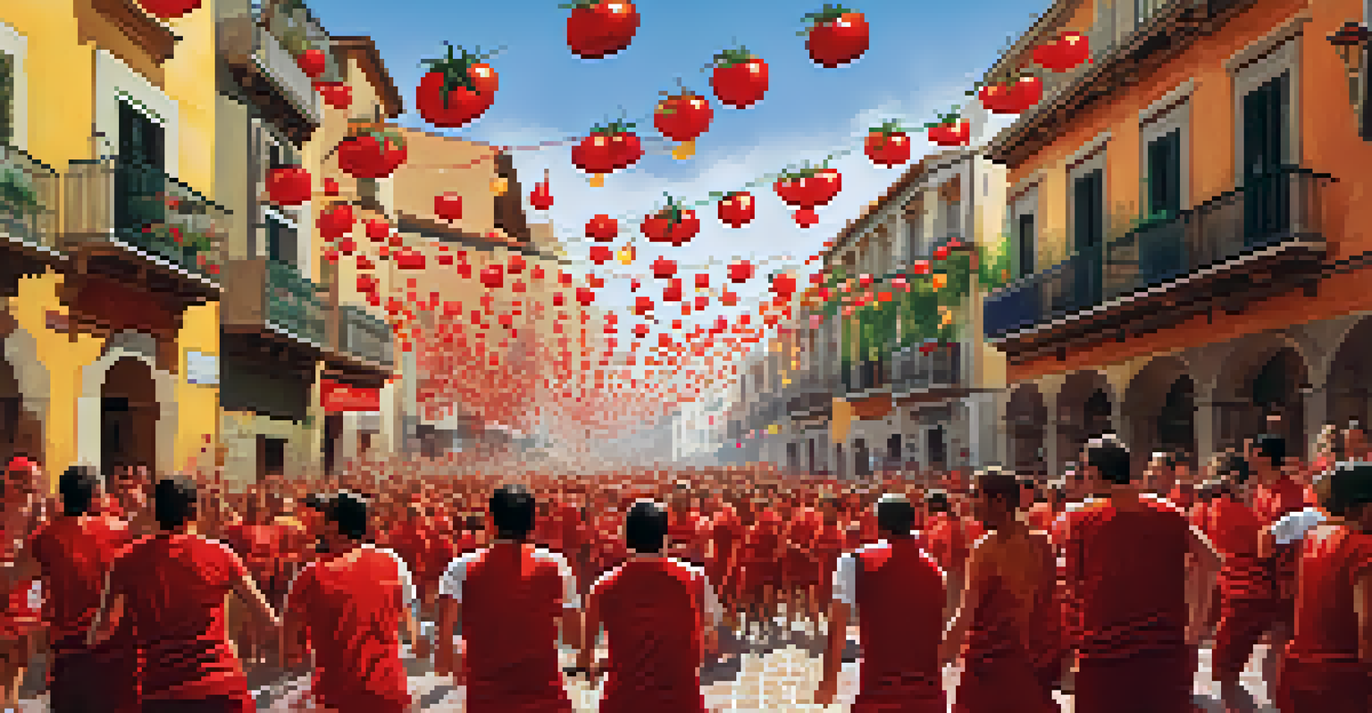 A lively scene from La Tomatina festival in Spain, featuring people throwing tomatoes in a colorful street filled with joy and traditional architecture.