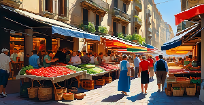 A lively food market in Barcelona filled with colorful produce and people enjoying various street foods.